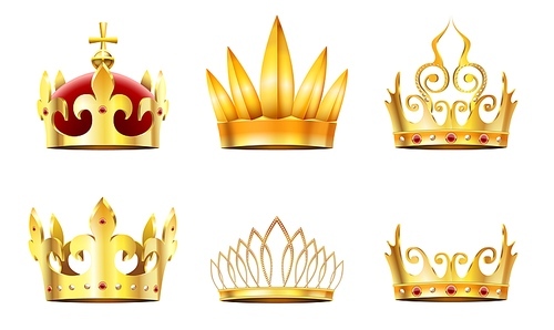 Realistic crown and tiara. Golden royal crowns, queens gold diadem and monarchs crown vector set. Collection of elegant emperor or empress headgear or coronets decorated by jewels or gemstones.