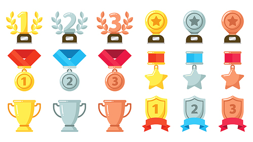 Gold, silver, bronze achievement or awards. Medals, trophies and rewards with olive wreath set for winner or champion in competition. First, second and third place icon in contest vector illustration