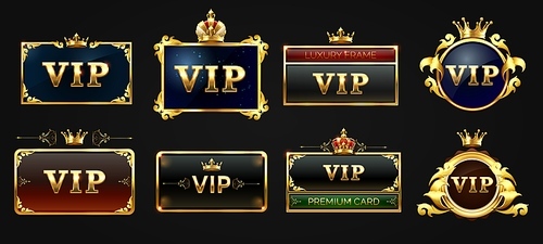 vip s, black label with golden glowing and square border with crown on top set. dark premium template. luxury design for important person, premium card, invitation vector illustration.