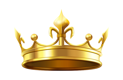 Royal crown for king and queen. Royalty and monarchy authority symbol, heraldic golden shiny element. Luxury 3d accessory for prince or princess isolated on white vector illustration