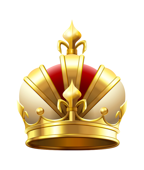 Realistic royal crown. Classic king or prince golden accessory for coronation. Luxury authority logo. Imperial 3d symbol of leadership. Monarchy medieval element vector illustration