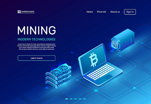 Cryptocurrency mining. Blockchain farms mainframe or mine server laptop farm computer video card monetary system. Digital currency bitcoin mining, miner isometric vector illustration