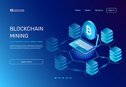 Blockchain mining. Cryptography coins currency miner payment on ethereal mine laptop connected to blockchain bitcoin farms network. E crypto world business banking commerce vector illustration
