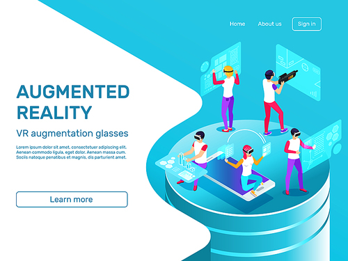 Isometric 3d people learning and working at augmented reality headset mobile gadgets future tech. VR digital augmentation glasses virtual game technology infographic concept vector illustration