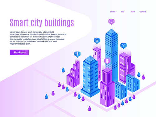 Intelligent city buildings. Urban landing page, futuristic cityscape and smart town. High tech building, it future digital cyber architecture vector isometric illustration