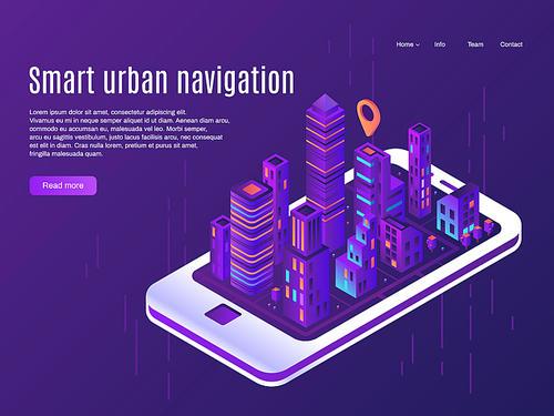 Smart urban navigation. City plane view on smartphone screen, building cities street plan and smart phone gps town map navigator, futuristic virtual city architecture vector landing page concept