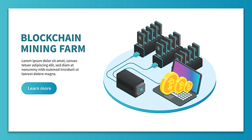 Bitcoin mining isometric concept. Cryptocurrency mining farm, bitcoin marketplace platform. Crypto currency minar mine analystics handel blockchain farms business vector landing page