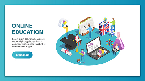 Online education isometric concept. Internet studying and web course. Learning students website landing page, computer education online college teaching seminar training exam vector design
