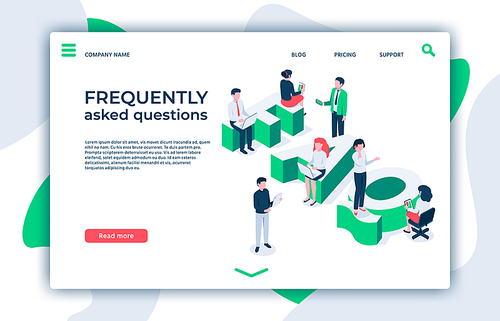 Frequently asked questions. Asking question, ask about and FAQ landing page. Answered information, quiz discussion, intelligence asked and answers isometric vector illustration
