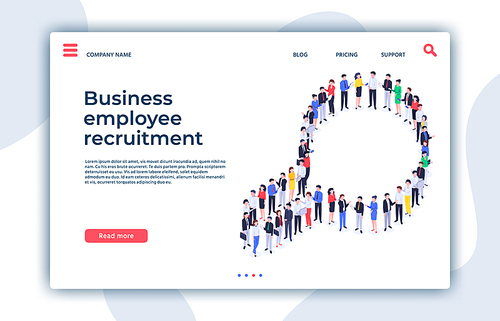 Recruitment landing page. We are hiring, magnifier human resources and business employee research. Headhunting concept, hr hunting or job recruiting isometric vector illustration