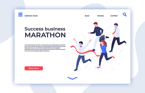 Success business marathon. Successful startup, businessman winner and professional triumph landing page. Sprint running competition, business team career winners isometric vector illustration