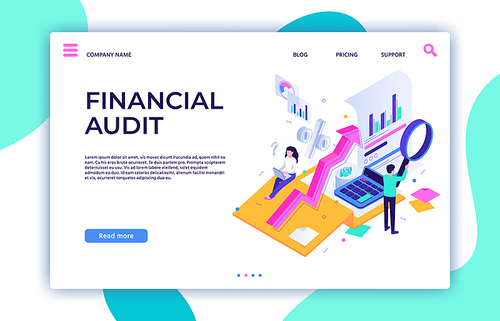 Financial audit landing page. Tax management, business consultant service and finance accounting. Website audits or marketing auditing service development isometric vector illustration