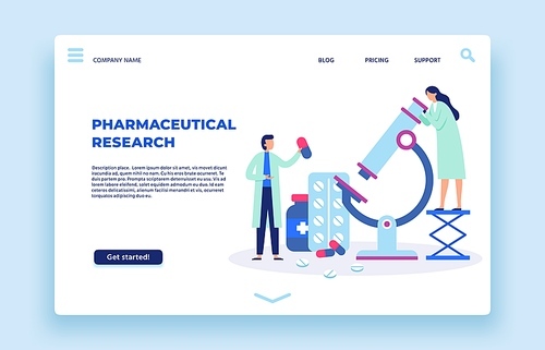 Pharmaceutical research. Scientists lab, pharmaceutics scientist and laboratory researchers landing page. Pills research, doctor pharmaceutic chemical lab studies vector illustration