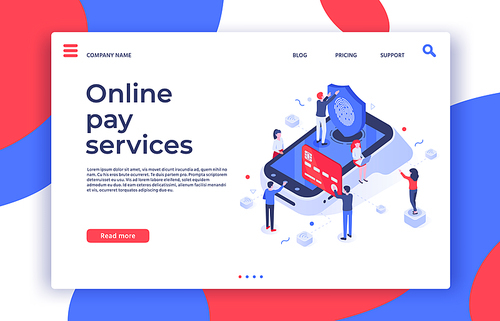 Isometric mobile payments. People pay via POS terminal using smartphone, digital payment and online pay services. Digital shopping credit, mobile invoice bill check vector illustration