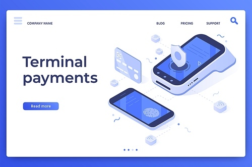 Isometric pos terminal payments. Money transfers, smartphone payment services and digital pay. Credit card contactless terminals, bank wireless payments transaction vector illustration