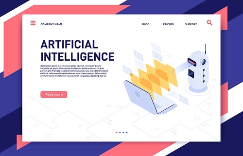 Artificial Intelligence analyzes files. AI processed database, machine learning and data processing. Employee working file, robotic finance mining center analyze isometric 3D vector illustration