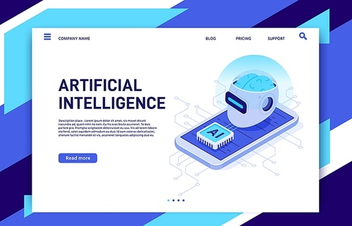 Isometric mobile artificial intelligence. AI smartphone, digital brain technology and neural network chip. Future mobile phone augmented reality app solutions wireless vector illustration
