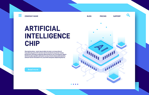 Artificial Intelligence chip. Machine learning technology, computer electronics and AI systems landing page template. Microchip evolution, futuristic IT isometric vector illustration
