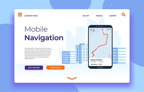 Mobile navigation landing page, smartphone with GPS application on screen. Map route with location mark.