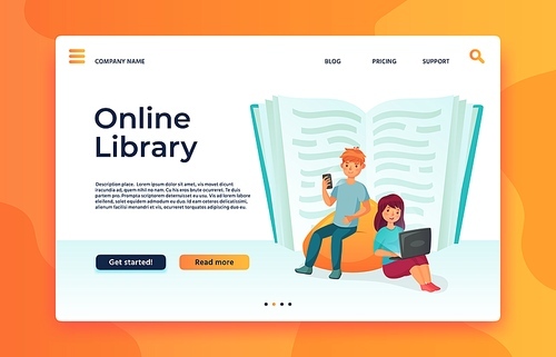 Online library or web archive. Digital education, ebook reading, studying in internet. Boy reading in mobile phone, woman using laptop next to big open textbook landing page vector illustration
