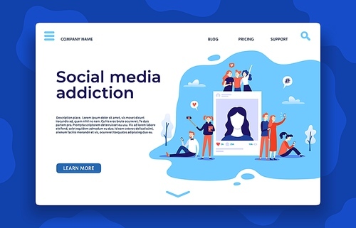 Social media addiction landing page. Young people using smartphones communication, taking and posting photos in networking sites. Boys and girls surfing in internet web design vector