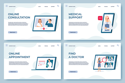 Medical consultation landing pages. Online doctor support, health services, find specialist and make appointment. Medicine vector web page. Curing disease or illness from home during pandemic