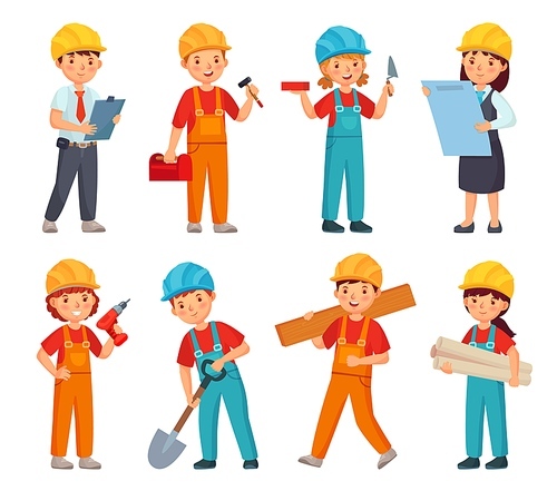 Kids builders. Little boys and girls in builder work suit, children in construction helmet and engineering costumes. Little builders character worker in uniforms cartoon isolated vector icons set