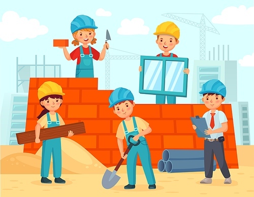 Kids build construction. Little workers in helmets build building from bricks, funny kids teamwork and kid engineer build house. Architecture construction teamwork children vector illustration
