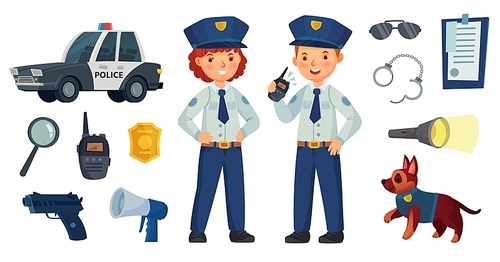 Cartoon police kids. Little boy and girl in patrol suits, police car and dog. Gun, radio and police badge, child character play security or policeman job. Vector isolated illustration icons set