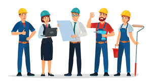 Technician workers and engineers team. Technicians people group, engineering worker and construction. Industrial engineers workers, builders characters isolated cartoon vector illustration