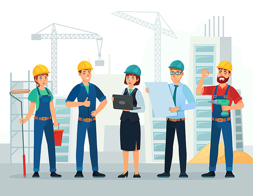 Construction team. Engineering and constructions workers, building engineers group and technicians people. Engineer expert teamwork, industry job character cartoon vector illustration