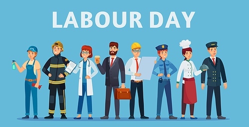 Labour day. Professional workers group, happy professionals of different jobs standing together and Labor Day poster or greeting card vector illustration. Labor day, people standing man and woman