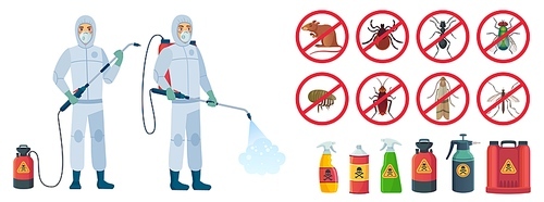 Cartoon disinfector. Disinfectors characters in protective suits with poison spray bottle. Get rid of rats and insects vector illustration set. Pest control, insect, chemical poison equipment