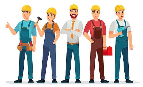 Industrial workers. Professional technician, mechanical engineer with helmet and professionals expert group cartoon vector illustration. People in uniform with equipment as hammer, tool box