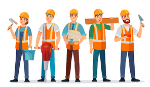 Professional builders team. Contractor in helmet, builder engineer and workers people cartoon vector illustration. Contractor and builder, construction engineer occupation
