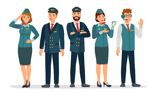 Aircraft staff. Air crew in uniforms pilots, stewardesses and flight attendant. Group of airport employee. Airline personnel vector concept. Female and male characters standing together