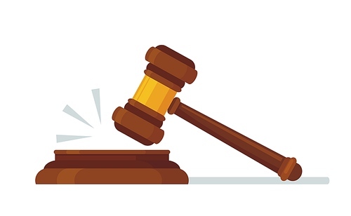 Judges wooden hammer. Judicial decision, hammer blow for rule of law and judged by laws concept cartoon vector illustration. Hammer legal justice, judge gavel, auction verdict