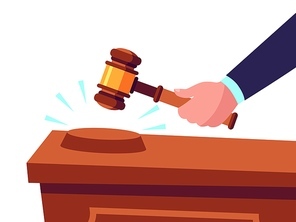 Auctioneer hold gavel in hand and selling goods, offering for bid. Buying or purchasing products. Judge with ceremonial wooden hammer giving punishment. Mallet for courthouse vector illustration