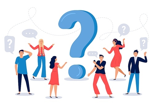 People ask question. Confused person asking questions, crowd finding answers and question sign vector illustration. Collective brainstorm, mutual assistance concept. Public problem solution platform