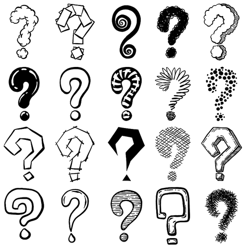 Sketch question mark. Hand drawn black interrogation marks, ask exam and faq symbols. Interrogative signs, doodle questions vector icons with stripes, dots of different shape on white