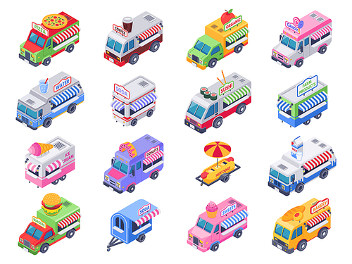 Isometric food trucks. Street carts, hot dog truck and outdoor coffee selling market. Food trucking industry or street industrialized transport cart fair. 3d vector illustration isolated sign set