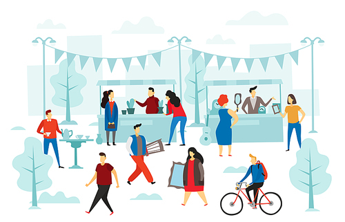 Second hand shop. Flea market, street shop trading stalls and fashion clothes swap. People selling cloth, second clothes marketing or tourism fashion shopping flat vector illustration