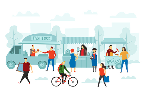 Weekend fair market. Street shop, food truck and flea markets. Furniture and exotic clothes shopping mall, second hand marketing vector illustration