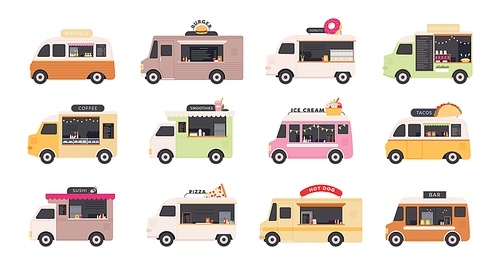 Food trucks. Van cars selling street fast foods, pizza, burger, coffee, donut and ice cream. Restaurant on wheels festival flat vector set. Illustration van truck, food street