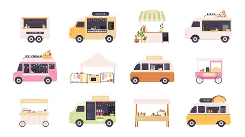 Street kiosks. Fast food trucks, tents and popcorn cart for outdoor summer fair. Festival market stall with flowers and clothes vector set. Van street food, truck transportation illustration