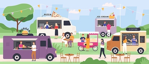 Street food festival. People eat at summer outdoor truck fair with fast foods, pizza and ice cream van, popcorn cart. Flat vector park event. Illustration truck food, van market festival