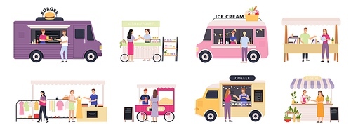 Street tent, cart and truck sell fast food, books, clothes and flowers. Outdoor market with merchants and customers vector set. Buying natural cosmetic, ice cream and pop corn