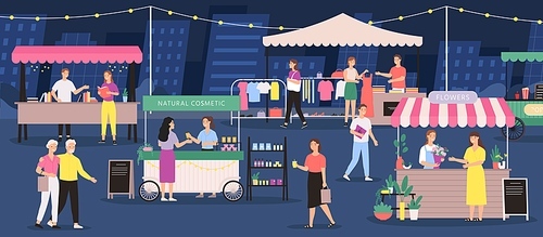 Night market. People on summer outdoor fair. Street festival store, stall, flower, clothes and craft cosmetic shop. City event vector banner. Selling books and natural cosmetics outdoor