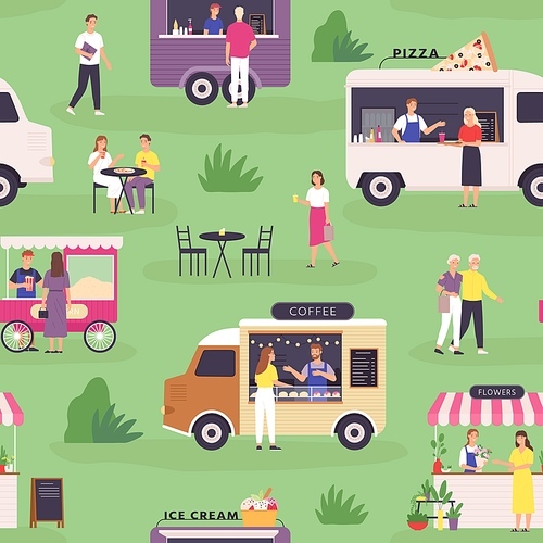 food truck seamless . summer street festival and people buy fast food, pizza and coffee in vans or carts. outdoor market vector print. green meadow with vehicles for selling products