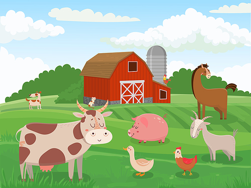 Farm animals. Village animal farms, cows red barn and cattle field landscape. Breed got, cow and horse or domestic chicken. Livestock character cartoon vector illustration